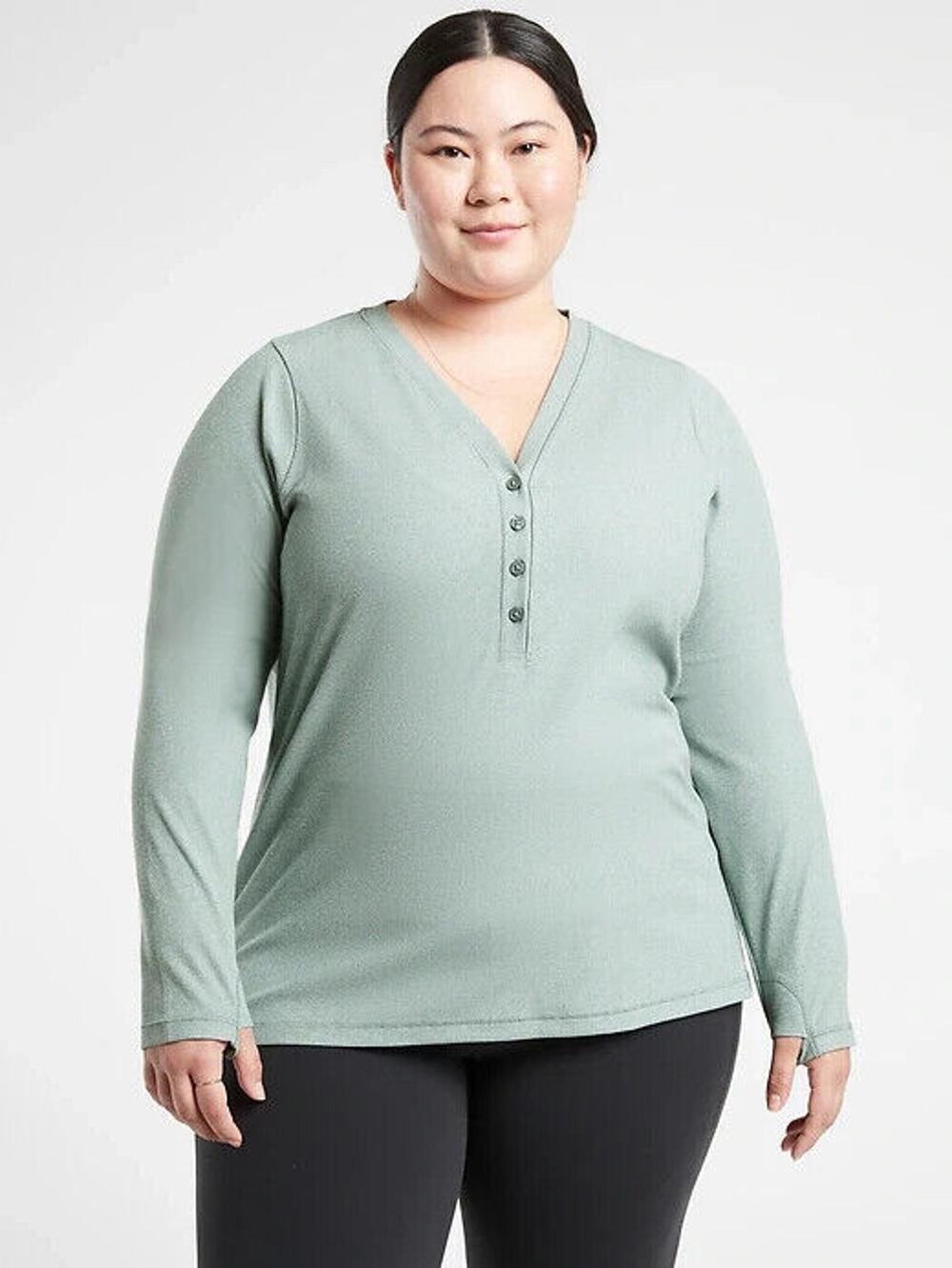 Athleta Womens Uptempo Ribbed Henley Top Size 1X Plus Active Long Sleeve Casual
